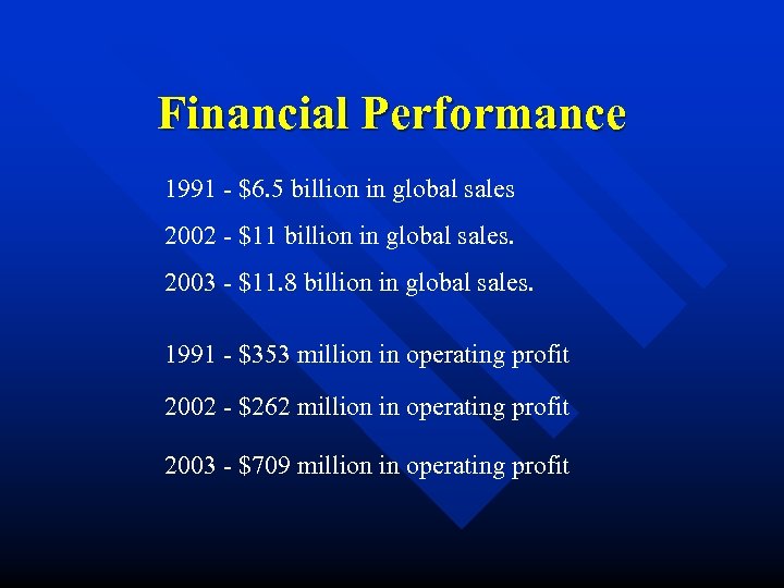 Financial Performance 1991 - $6. 5 billion in global sales 2002 - $11 billion