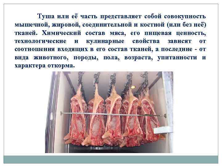 Туша или её часть представляет собой совокупность мышечной, жировой, соединительной и костной (или без