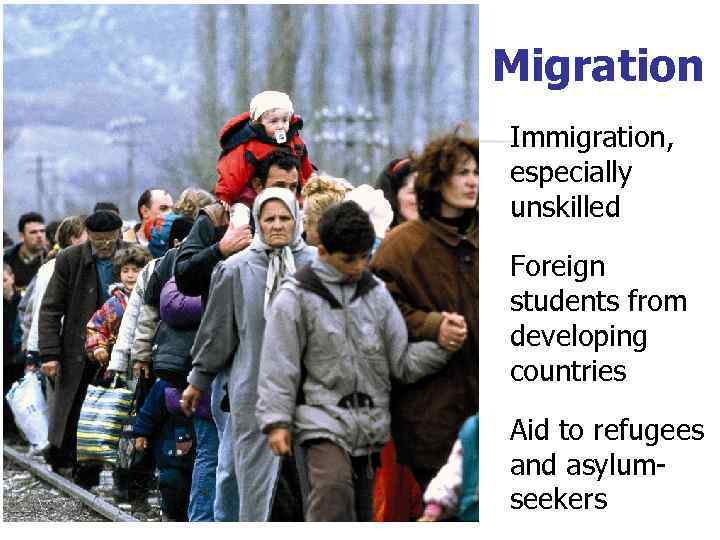 Migration Immigration, especially unskilled Foreign students from developing countries Aid to refugees and asylumseekers