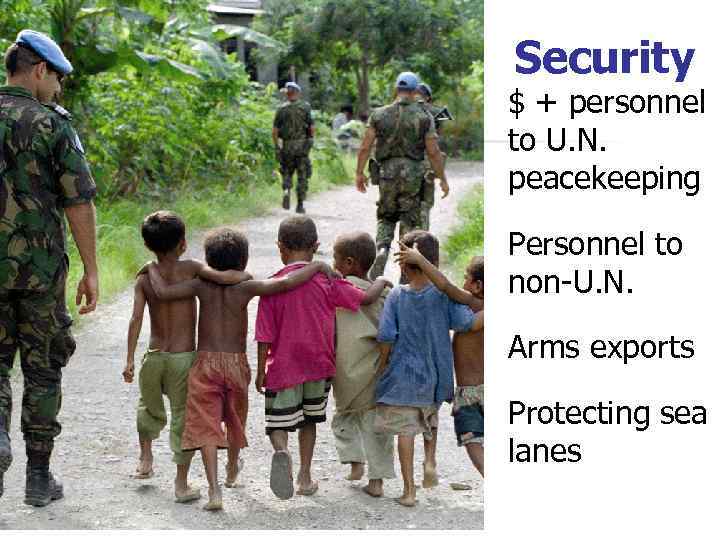 Security $ + personnel to U. N. peacekeeping Personnel to non-U. N. Arms exports