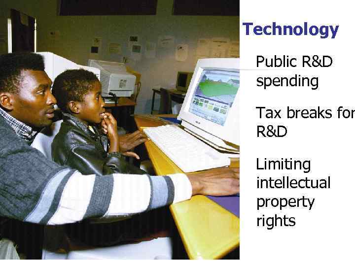 Technology Public R&D spending Tax breaks for R&D Limiting intellectual property rights 
