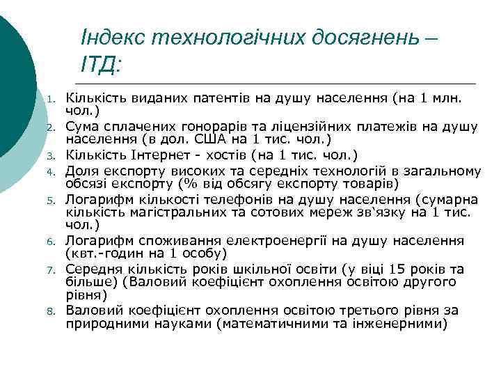 Індекс технологічних досягнень – ІТД: 1. 2. 3. 4. 5. 6. 7. 8. Кількість