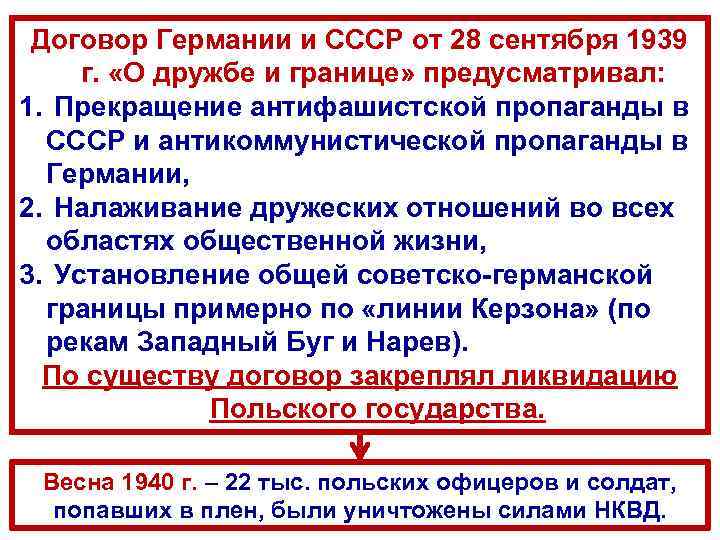 Договор Германии и СССР от 28 сентября 1939 г. «О дружбе и границе» предусматривал: