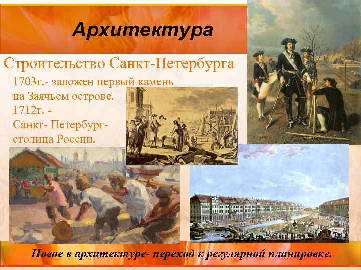 Архитектура Строительство Санкт-Петербурга 1703 г. - заложен первый камень на Заячьем острове. 1712 г.