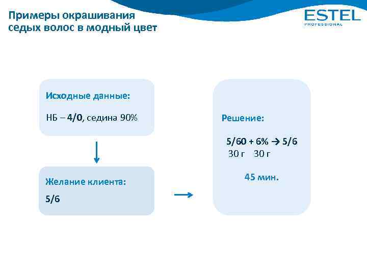 Примеры окрашивания седых волос в модный цвет Исходные данные: НБ – 4/0, седина 90%