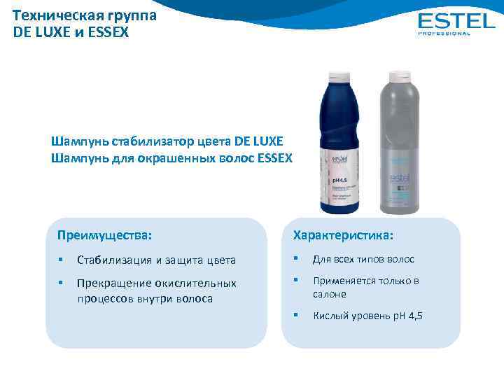 Техническая группа DE LUXE и ESSEX Шампунь стабилизатор цвета DE LUXE Шампунь для окрашенных
