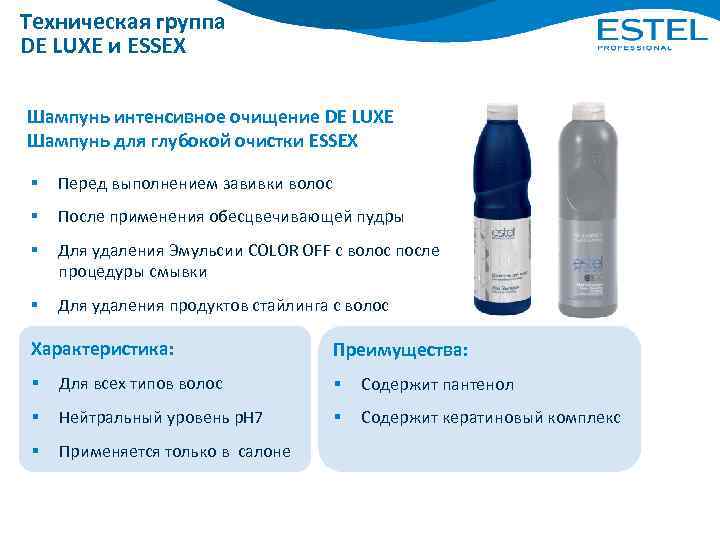 Техническая группа DE LUXE и ESSEX Шампунь интенсивное очищение DE LUXE Шампунь для глубокой