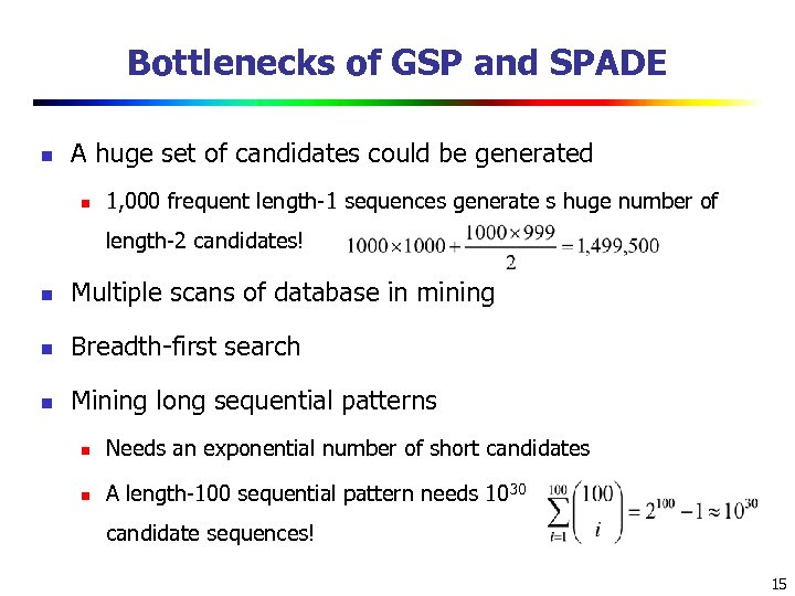 Bottlenecks of GSP and SPADE n A huge set of candidates could be generated