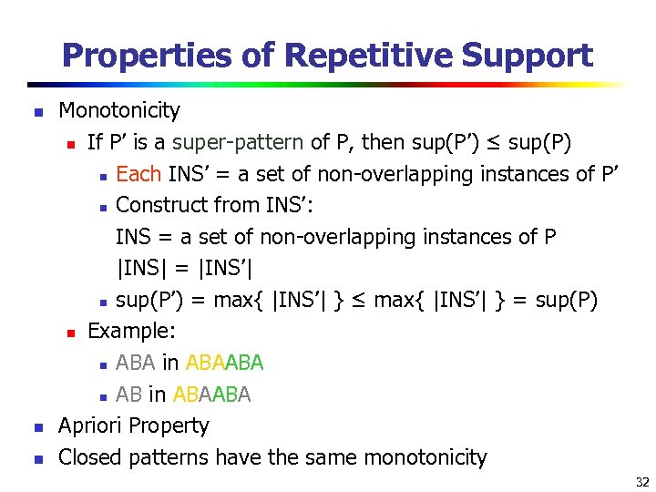 Properties of Repetitive Support n n n Monotonicity n If P’ is a super-pattern