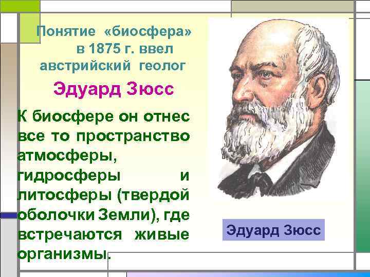 Понятие «биосфера» в 1875 г. ввел австрийский геолог Эдуард Зюсс К биосфере он отнес