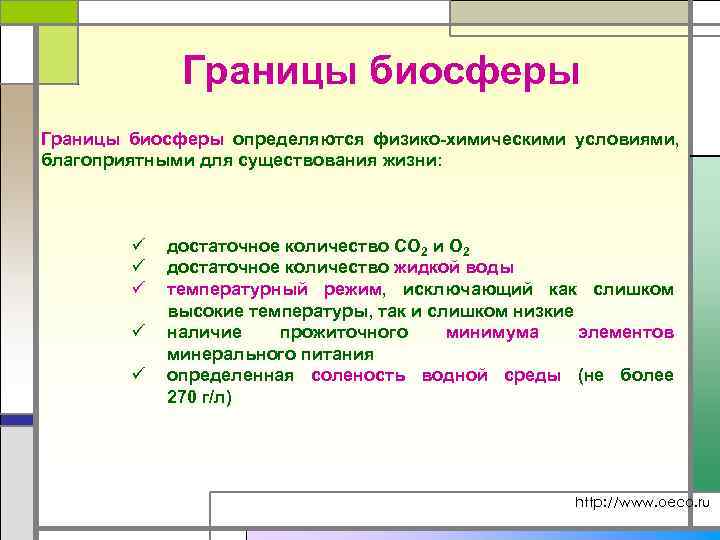 Границы биосферы определяются условиями непригодными для жизни