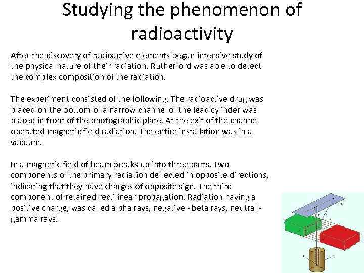 Studying the phenomenon of radioactivity After the discovery of radioactive elements began intensive study