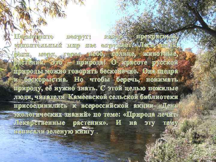 Посмотрите вокруг: какой прекрасный, удивительный мир нас окружает. Леса, поля, реки, моря, горы, небо,