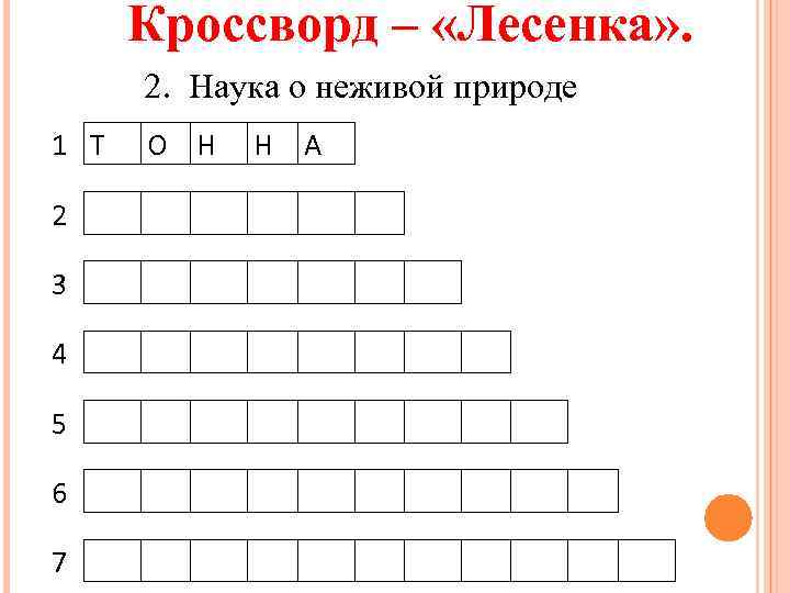 Кроссворд – «Лесенка» . 2. Наука о неживой природе 1 Т О Н Н