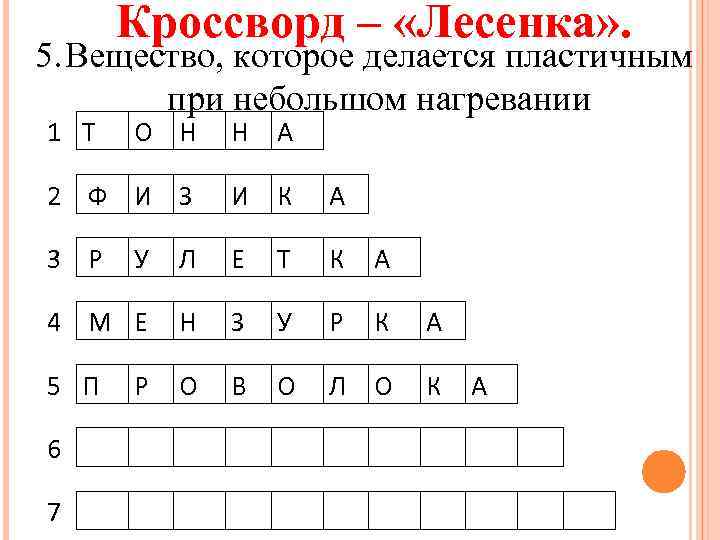 Кроссворд – «Лесенка» . 5. Вещество, которое делается пластичным при небольшом нагревании 1 Т