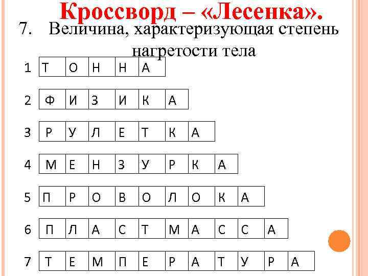 Кроссворд – «Лесенка» . 7. Величина, характеризующая степень нагретости тела 1 Т О Н