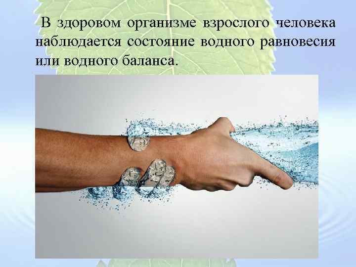  В здоровом организме взрослого человека наблюдается состояние водного равновесия или водного баланса. 
