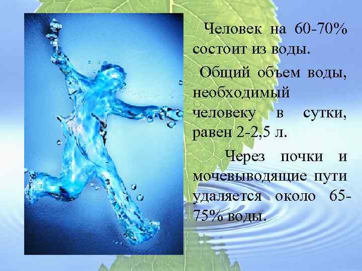  Человек на 60 -70% состоит из воды. Общий объем воды, необходимый человеку в