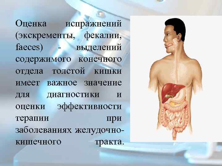 Оценка испражнений (экскременты, фекалии, faeces) выделений содержимого конечного отдела толстой кишки имеет важное значение