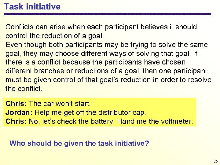 Task initiative Conflicts can arise when each participant believes it should control the reduction