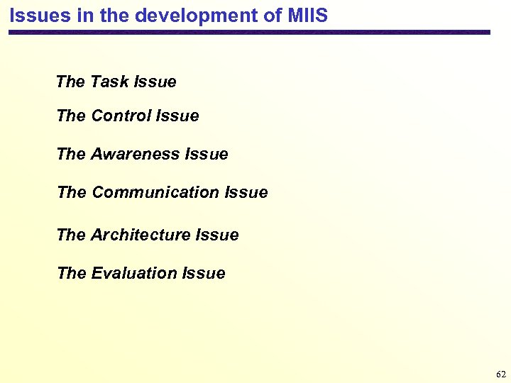 Issues in the development of MIIS The Task Issue The Control Issue The Awareness