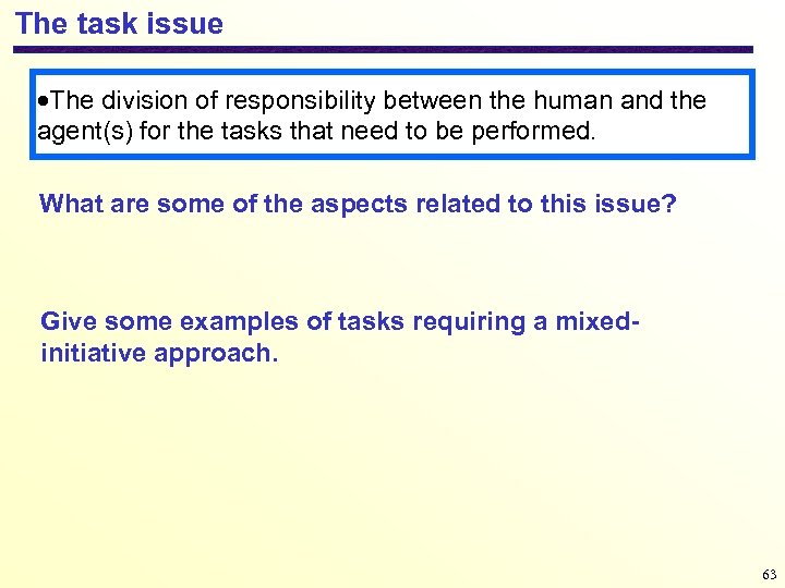 The task issue The division of responsibility between the human and the agent(s) for