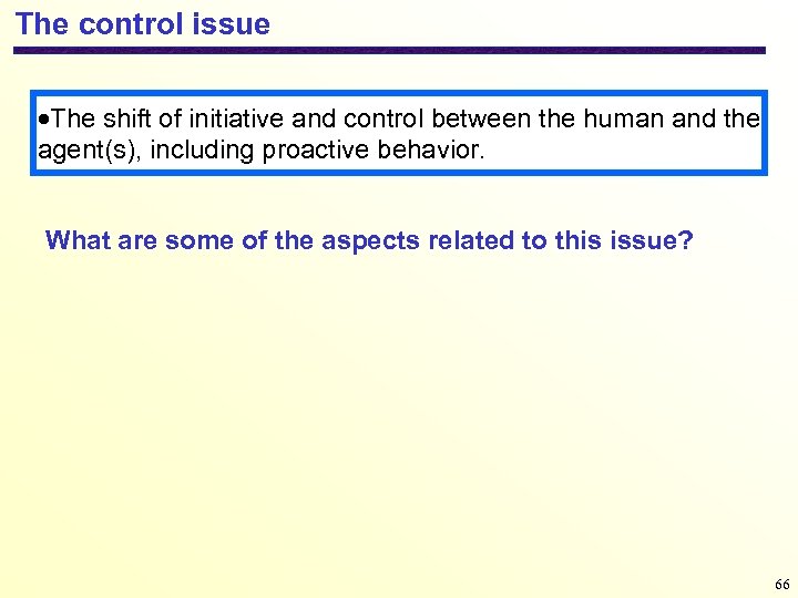 The control issue The shift of initiative and control between the human and the