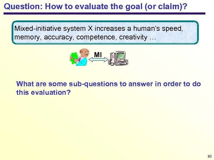 Question: How to evaluate the goal (or claim)? Mixed-initiative system X increases a human’s
