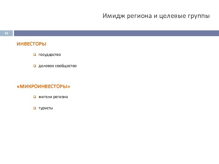 Имидж региона и целевые группы 18 ИНВЕСТОРЫ q государство q деловое сообщество «МИКРОИНВЕСТОРЫ» q