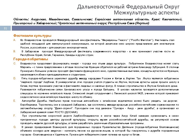 Дальневосточный Федеральный Округ Межкультурные аспекты Область: Амурская, Магаданская, Сахалинская; Еврейская автономная область. Края: Камчатский,