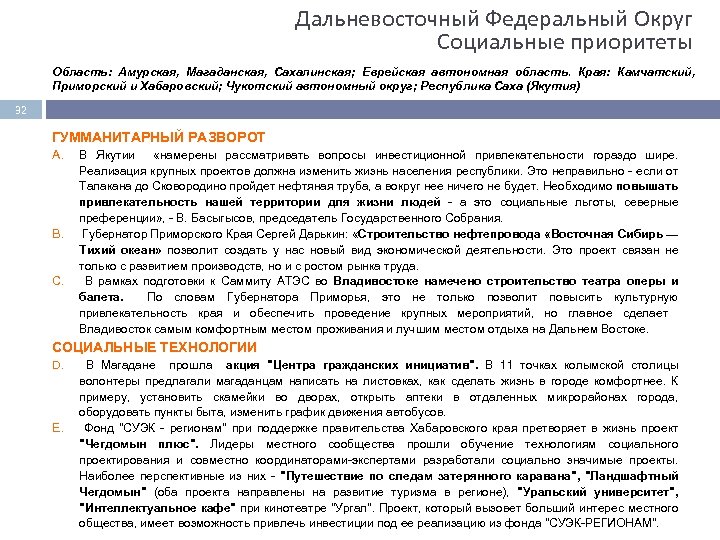 Дальневосточный Федеральный Округ Социальные приоритеты Область: Амурская, Магаданская, Сахалинская; Еврейская автономная область. Края: Камчатский,