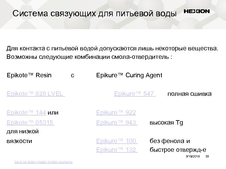 Система связующих для питьевой воды Для контакта с питьевой водой допускаются лишь некоторые вещества.