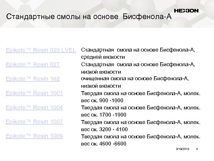 Стандартные смолы на основе Бисфенола-A Epikote™ Resin 828 LVEL Стандартная смола на основе Бисфенола-A,