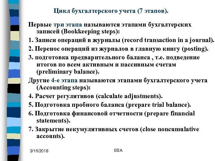 Цикл бухгалтерского учета (7 этапов). Первые три этапа называются этапами бухгалтерских записей (Bookkeeping steps):