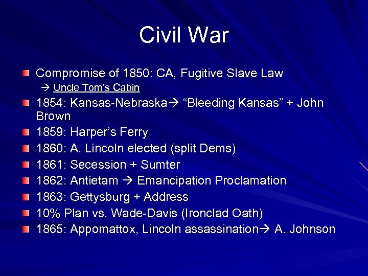 Civil War Compromise of 1850: CA, Fugitive Slave Law Uncle Tom’s Cabin 1854: Kansas-Nebraska