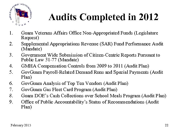 Audits Completed in 2012 1. 2. 3. 4. 5. 6. 7. 8. 9. Guam