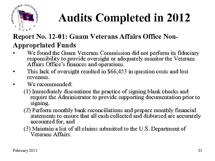 Audits Completed in 2012 Report No. 12 -01: Guam Veterans Affairs Office Non. Appropriated