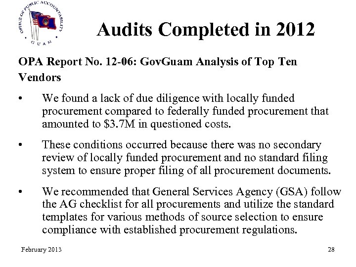 Audits Completed in 2012 OPA Report No. 12 -06: Gov. Guam Analysis of Top