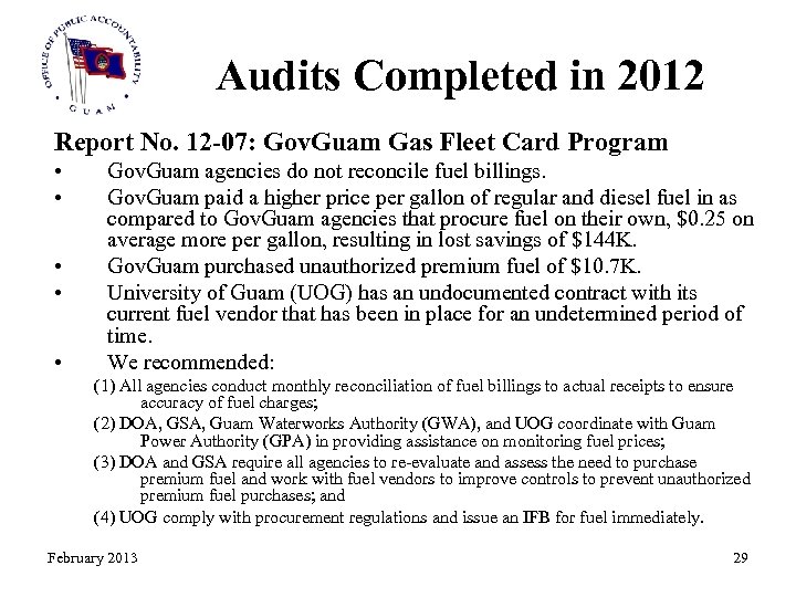 Audits Completed in 2012 Report No. 12 -07: Gov. Guam Gas Fleet Card Program