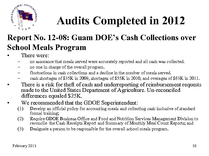 Audits Completed in 2012 Report No. 12 -08: Guam DOE’s Cash Collections over School