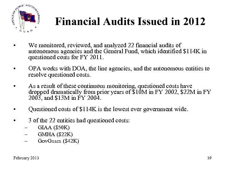 Financial Audits Issued in 2012 • We monitored, reviewed, and analyzed 22 financial audits