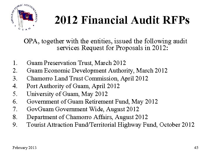 2012 Financial Audit RFPs OPA, together with the entities, issued the following audit services