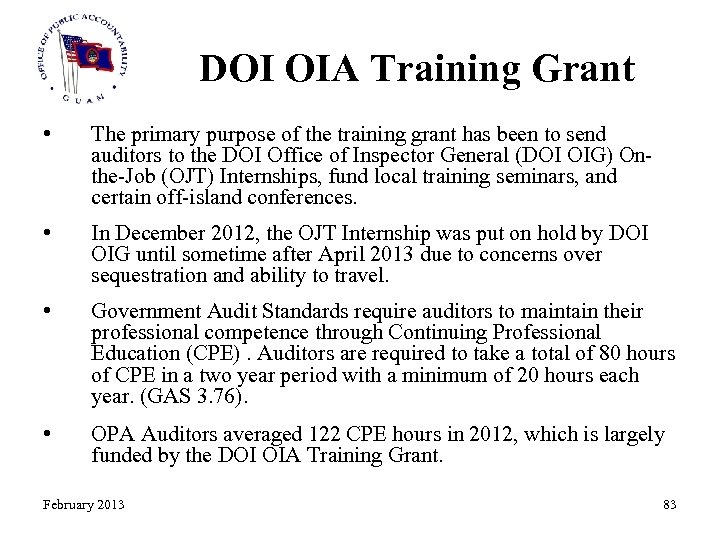 DOI OIA Training Grant • The primary purpose of the training grant has been