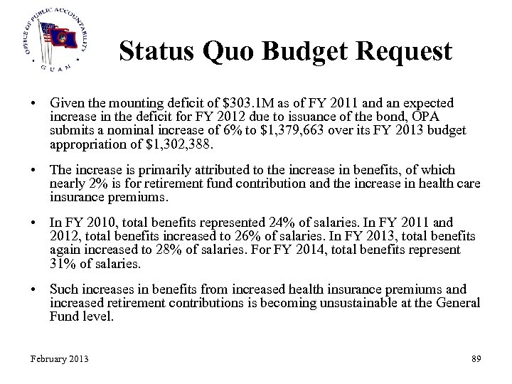 Status Quo Budget Request • Given the mounting deficit of $303. 1 M as