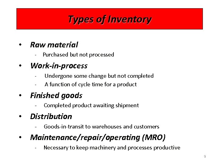 Types of Inventory • Raw material - Purchased but not processed • Work-in-process -