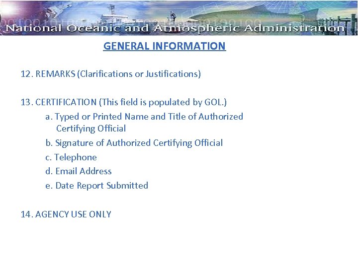 GENERAL INFORMATION 12. REMARKS (Clarifications or Justifications) 13. CERTIFICATION (This field is populated by