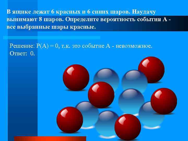 В ящике лежат 6 красных и 6 синих шаров. Наудачу вынимают 8 шаров. Определите