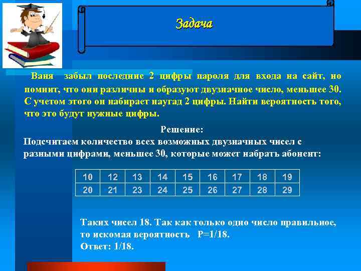 Задача . Ваня забыл последние 2 цифры пароля для входа на сайт, но помнит,