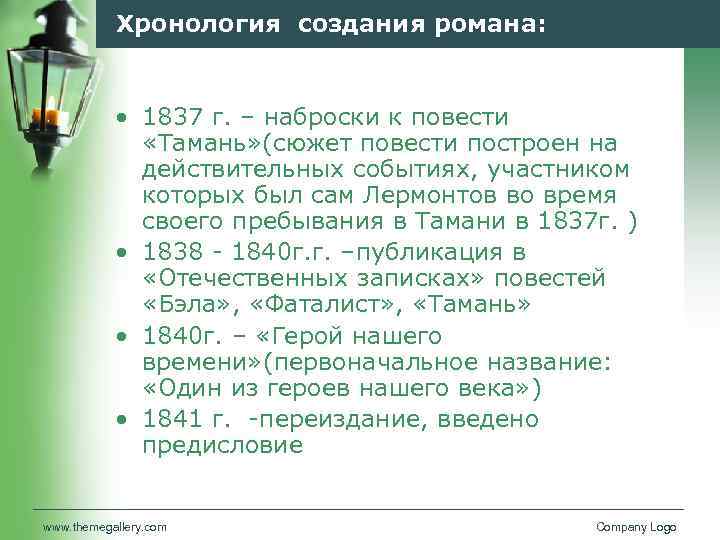 Хронология создания романа: • 1837 г. – наброски к повести «Тамань» (сюжет повести построен