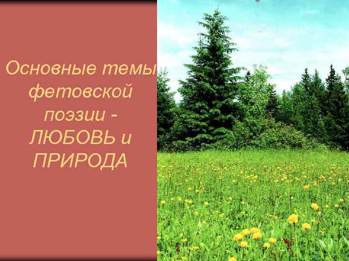 Основные темы фетовской поэзии ЛЮБОВЬ и ПРИРОДА 